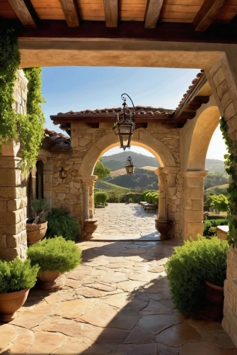 tuscan,pergola,archways,home landscape,provencal,roof landscape,patios,winery,beautiful home,inglenook,landscaped,tuscany,3d rendering,entryway,patio,country estate,provencal life,provence,render,courtyard,Illustration,American Style,American Style 13