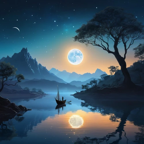 fantasy landscape,moon and star background,fantasy picture,moonlit night,landscape background,lunar landscape,moonlit,world digital painting,dreamscapes,full hd wallpaper,moonlight,fantasy art,cartoon video game background,tranquility,moonlighted,windows wallpaper,moon and star,night scene,blue moon,moonscape,Illustration,Realistic Fantasy,Realistic Fantasy 01