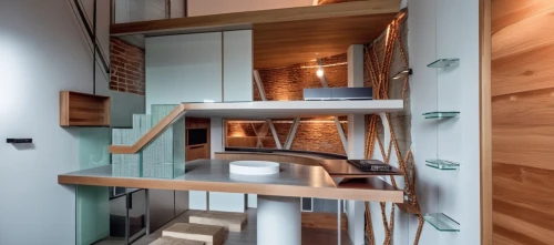 wooden stairs,lofts,walk-in closet,wooden stair railing,hallway space,cubic house,outside staircase,stairwell,stairwells,sky apartment,interior modern design,loft,spiral stairs,staircases,winding staircase,steel stairs,penthouses,cantilevers,inverted cottage,modern kitchen interior,Photography,General,Realistic