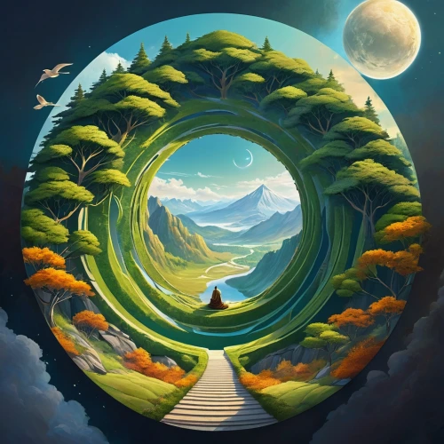 little planet,time spiral,the mystical path,circular puzzle,circle,circle around tree,spiral background,circular,life is a circle,heaven gate,semi circle arch,fantasy picture,fantasy landscape,world digital painting,mother earth,portal,portals,ecotopia,spiral,a circle,Illustration,Realistic Fantasy,Realistic Fantasy 01