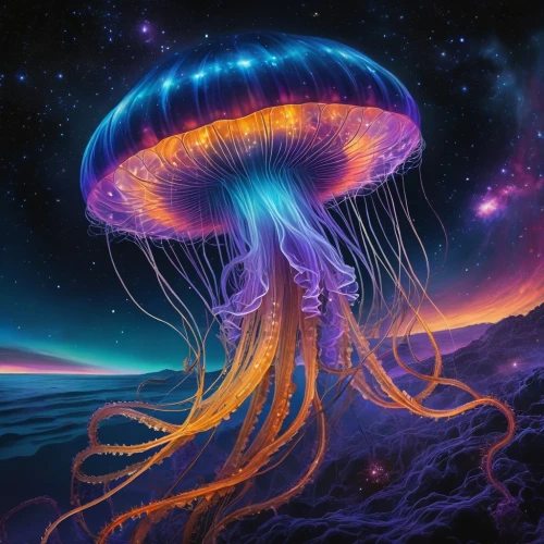 jellyfish,mushroom landscape,dmt,cnidaria,medusahead,ufo,medusae,alien world,panspermia,interdimensional,nauplii,supernovae,nidularium,jellyvision,spaceborne,supernova,cauliflower jellyfish,muscaria,alien planet,nebula,Conceptual Art,Sci-Fi,Sci-Fi 05