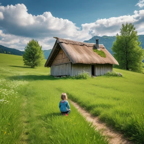 home landscape,little house,lonely house,girl and boy outdoor,children's background,homesteading,meadow landscape,bucolic,landscape background,homesteader,small house,suitcase in field,background view nature,countryside,miniature house,little girl in wind,wooden hut,smallholdings,small cabin,farm background,Photography,General,Realistic