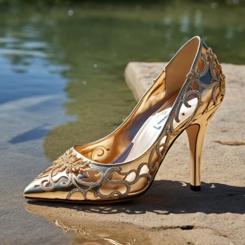 stiletto-heeled shoe,cinderella shoe,high heeled shoe,achille's heel,bridal shoes,wedding shoes,women's shoe,cendrillon,high heel shoes,ladies shoes,slingbacks,flapper shoes,heeled shoes,heel shoe,woman shoes,blahnik,women shoes,gold filigree,pointed shoes,stack-heel shoe,Photography,General,Realistic