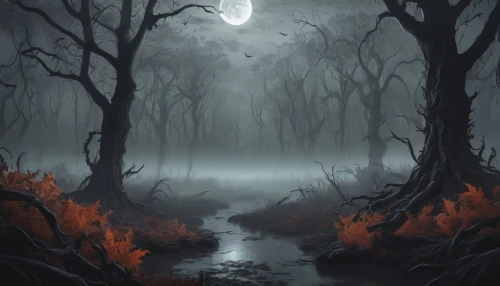 haunted forest,halloween background,moonsorrow,swampy landscape,halloween bare trees,swamps,fantasy landscape,darklands,forest dark,oscura,samhain,fantasy picture,black forest,blackmoor,moonlit night,forest landscape,elfland,covens,the night of kupala,moonglow,Illustration,Realistic Fantasy,Realistic Fantasy 47