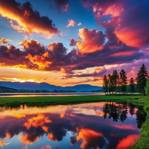 incredible sunset over the lake,beautiful landscape,splendid colors,nature wallpaper,evening lake,landscapes beautiful,windows wallpaper,beautiful lake,nature landscape,beautiful nature,landscape background,landscape nature,nature background,beautiful colors,meadow landscape,mirror in the meadow,full hd wallpaper,natural scenery,sun reflection,intense colours,Photography,General,Realistic