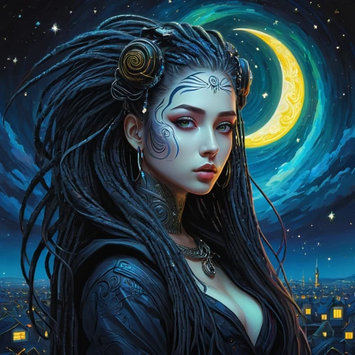 fantasy portrait,queen of the night,niobe,moonsorrow,blue enchantress,luna,moondragon,hecate,leota,fantasy art,ratri,baoshun,lady of the night,bruja,selene,the enchantress,morgana,sorceress,cleopatra,inara,Illustration,Realistic Fantasy,Realistic Fantasy 17