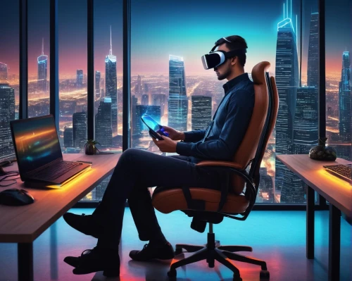 cybertrader,neon human resources,blur office background,night administrator,virtualisation,wireless headset,modern office,cypherpunks,telepresence,office chair,man with a computer,virtuality,thinkcentre,futurists,ceo,virtual world,computerologist,cybercafes,smartsuite,cyberpunk,Illustration,Retro,Retro 02