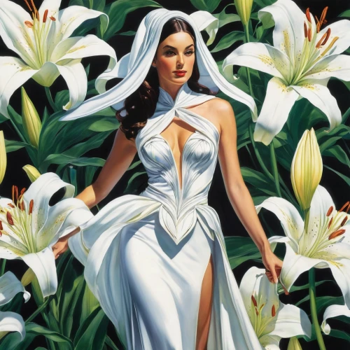 easter lilies,lilly of the valley,a beautiful jasmine,madonna lily,white jasmine,the bride,lilies of the valley,star jasmine,lily of the valley,jasmine blossom,white plumeria,mother mary,lily of the field,gardenias,tretchikoff,peace lilies,cape jasmine,gardenia,white magnolia,jasmine flower,Conceptual Art,Fantasy,Fantasy 20