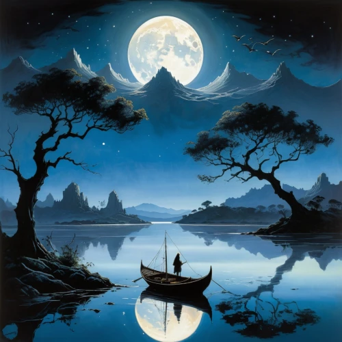 moonlit night,boat landscape,moonlight,fantasy picture,moonlit,inle,blue moon,shalott,moonesinghe,fantasy landscape,night scene,hanging moon,nasmith,dreamscapes,moonglow,moonstruck,moonlighters,moon and star background,dreamtime,sailing boat,Illustration,Realistic Fantasy,Realistic Fantasy 04