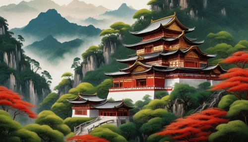 asian architecture,world digital painting,japan landscape,japon,wudang,oriental painting,japanese mountains,hall of supreme harmony,mountain landscape,mountain scene,oriental,hanging temple,teahouses,japanese art,tigers nest,mountainous landscape,yunnan,beautiful japan,landscape background,buddhist temple,Art,Artistic Painting,Artistic Painting 32