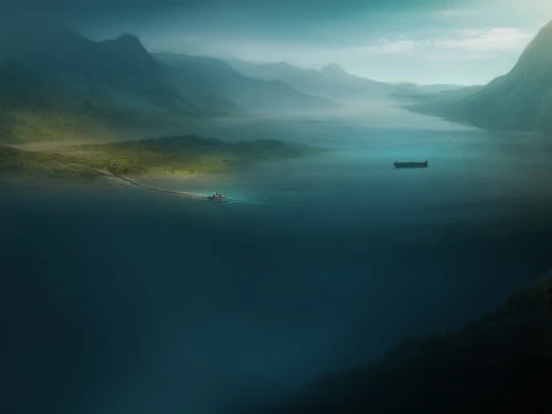 fantasy landscape,fjord,emerald sea,underwater landscape,fiords,fjord landscape,frafjord,nordland,fjords,foggy landscape,oxenhorn,an island far away landscape,norway coast,sea landscape,the endless sea,faroe,overwater,nordfjord,archipelagos,torngat,Conceptual Art,Fantasy,Fantasy 02