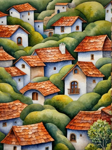 escher village,mostovoy,houses clipart,villages,mountain village,houses,cottages,row of houses,casabella,wooden houses,alpine village,hanging houses,blocks of houses,home landscape,house roofs,roof landscape,azulejos,chalets,dovecotes,pedriza,Illustration,Paper based,Paper Based 24