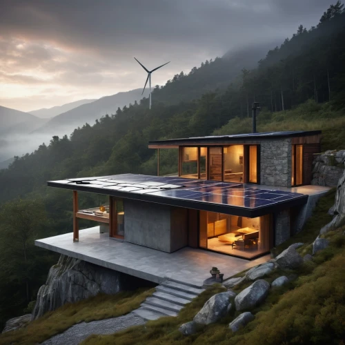 house in mountains,house in the mountains,snohetta,passivhaus,electrohome,mountain hut,dunes house,cubic house,roof landscape,zumthor,the cabin in the mountains,glickenhaus,modern architecture,grass roof,forest house,modern house,mountain huts,timber house,wooden house,cantilevers,Illustration,Abstract Fantasy,Abstract Fantasy 18