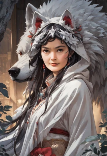 amaterasu,inuyasha,kitsune,white wolves,dalixia,mononoke,okami,tengri,sanxia,wulong,yukai,wolf couple,aleu,white fox,shunju,two wolves,red riding hood,inuzuka,haibei,samoyedic,Digital Art,Anime