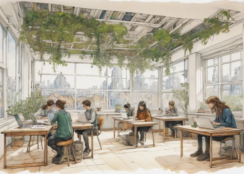 greenhouse,forest workplace,packinghouse,hahnenfu greenhouse,wintergarden,coworking,renderings,working space,roof garden,microhabitats,watercolor cafe,workspaces,greenhouse effect,nest workshop,hothouse,lendingtree,glasshouse,herbarium,daylighting,school design,Illustration,Retro,Retro 25