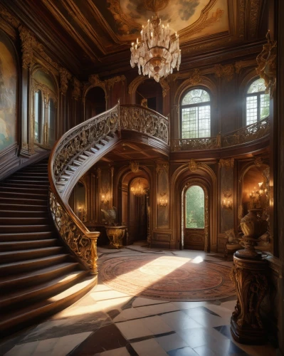 staircase,winding staircase,outside staircase,ornate room,circular staircase,staircases,entrance hall,chateauesque,cochere,baroque,upstairs,ornate,driehaus,royal interior,stairs,chateau,stairway,rococo,newel,hallway,Art,Classical Oil Painting,Classical Oil Painting 10