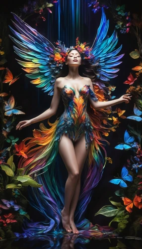 rainbow butterflies,fairy peacock,bodypainting,color feathers,neon body painting,faerie,fairie,bird of paradise,body painting,flower fairy,aurora butterfly,bodypaint,butterfly background,faery,sirena,fairy queen,fairy,hula,colorful tree of life,prismatic,Photography,Artistic Photography,Artistic Photography 02