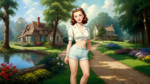girl in the garden,woman with ice-cream,idyllic,pin-up girl,maureen o'hara - female,audrey hepburn,retro pin up girl,pleasantville,retro woman,pin up girl,girl with tree,girl on the river,world digital painting,retro girl,audrey,landscape background,woman house,woman walking,girl in a long,springtime background