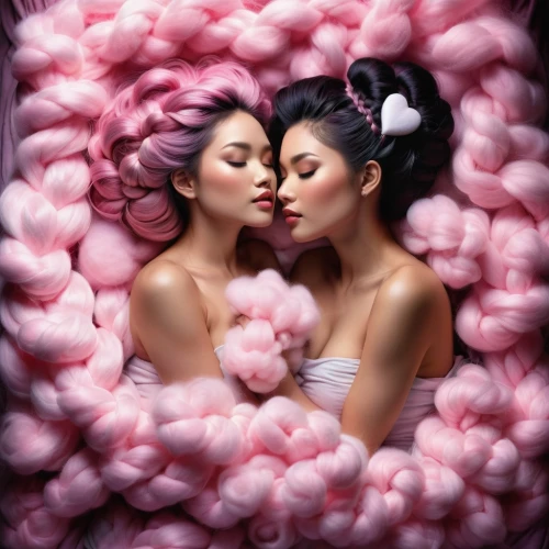 swirlgirls,puffy hearts,asiaticas,pompoms,heart candy,baiser,heart candies,conceptual photography,perfuming,sugarcubes,kiss flowers,geishas,pink ribbon,bubble gum,tutus,sugar candy,two girls,girl kiss,milkmaids,pink macaroons,Illustration,Realistic Fantasy,Realistic Fantasy 10