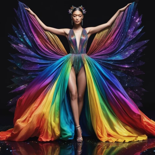 siriano,mugler,color feathers,vibrantly,yuhua,prismatic,bird of paradise,gaultier,dress form,applause,flamboyance,dreamcoat,haute couture,rainbow colors,rainbow color palette,formichetti,shanina,fairy peacock,demarchelier,dreamgirls,Photography,Fashion Photography,Fashion Photography 14