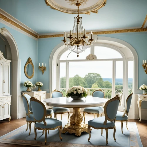 breakfast room,dining room,dining room table,dining table,great room,ornate room,opulently,blue room,danish room,tureens,breakfast table,opulent,highgrove,cochere,rosecliff,luxury home interior,tea service,baccarat,ritzau,victorian table and chairs,Photography,General,Realistic