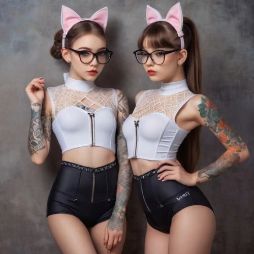 cat ears,pussycats,kittenish,catsuits,kittens,catterns,pin up girls,milkmaids,pin-up girls,retro pin up girls,mice,two girls,silver framed glasses,bodysuits,two glasses,secretariats,feline look,bunnies,two cats,pussycat