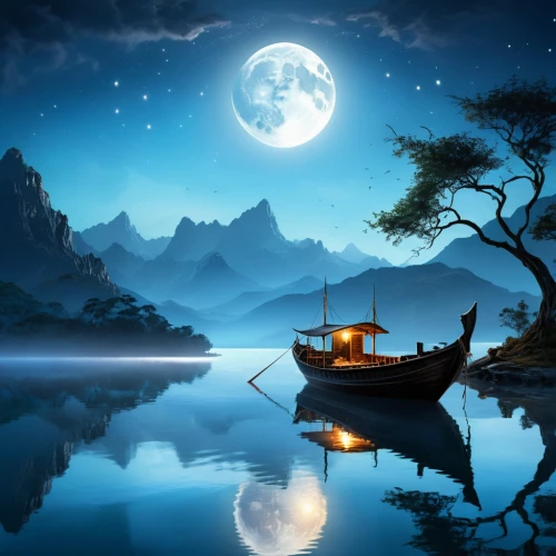 moonlit night,boat landscape,fantasy picture,landscape background,moon and star background,blue moon,moonlit,fantasy landscape,tranquility,moonlight,dreamscapes,moonlighted,mid-autumn festival,fishing boat,full moon,romantic night,hanging moon,sailing boat,taxi boat,moon at night,Illustration,Realistic Fantasy,Realistic Fantasy 01