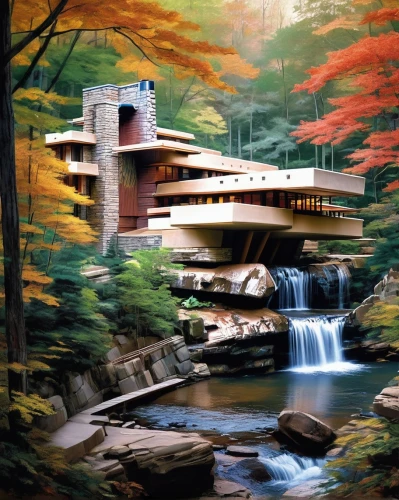 fallingwater,futuristic architecture,water mill,futuristic landscape,asian architecture,modernism,docomomo,house in the forest,casgrain,forest house,futuristic art museum,waterfall,watermill,ryokan,japan landscape,ryokans,hydropower plant,modern architecture,arcology,brown waterfall,Conceptual Art,Oil color,Oil Color 24