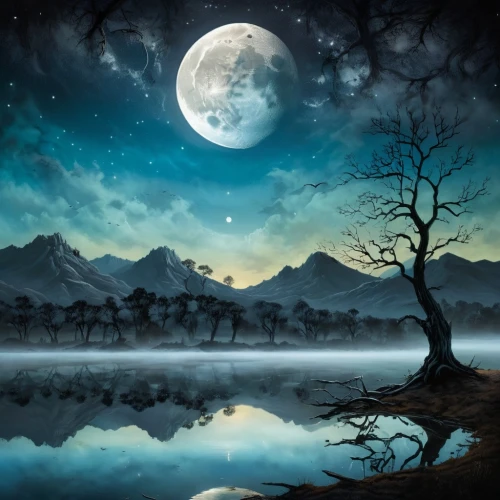 moonlit night,blue moon,lunar landscape,moonlit,moon and star background,moonscape,fantasy picture,moonlighted,full moon,hanging moon,moon at night,moonscapes,landscape background,moonglow,moonlight,moonshadow,moonshine,moon night,moonbeams,moonsorrow,Illustration,Abstract Fantasy,Abstract Fantasy 19
