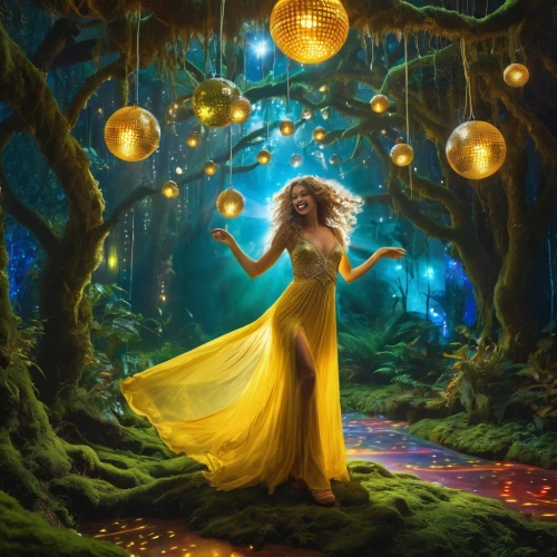 fantasy picture,yellow garden,faerie,fantasia,fairy forest,fantasy art,fae,magical,belle,enchanted,enchanted forest,fairy world,beltane,cinderella,forest of dreams,fairy lights,fairy tale,fantasy portrait,galadriel,yellow,Illustration,Realistic Fantasy,Realistic Fantasy 38