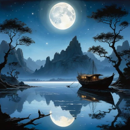 moonlit night,fantasy picture,moonlit,boat landscape,landscape background,fantasy landscape,moon and star background,blue moon,moonlight,moonesinghe,moonlighted,night scene,full moon,tranquility,lunar landscape,moon night,dreamscapes,moon at night,the night of kupala,moonglow,Illustration,Realistic Fantasy,Realistic Fantasy 04