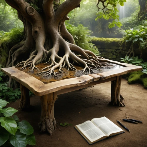 writing desk,wooden table,apple desk,mirkwood,wooden desk,tree of life,magic tree,herbology,storybook,the roots of trees,sweet table,3d art,magic book,tree and roots,nook,druidic,druidism,tree house,celtic tree,wooden bench,Photography,General,Natural