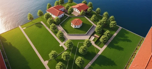 sveti stefan,island church,miniature house,view from above,house with lake,private estate,villa,red roof,avernum,sunken church,bird's-eye view,large home,3d rendering,small house,bogazici,from above,peter-pavel's fortress,pei,private house,bird's eye view,Photography,General,Realistic