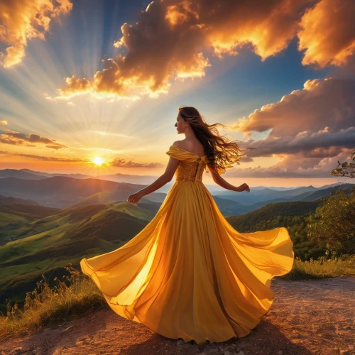 celtic woman,girl in a long dress,golden light,eurythmy,yellow sky,radiance,enchantment,goldenlight,sun bride,golden sun,gracefulness,rays of the sun,yellow orange,fantasy picture,golden yellow,rumi,irradiance,yellow jumpsuit,enthralls,enchanting,Photography,General,Realistic