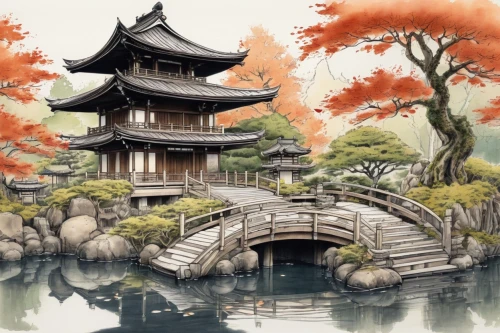 japanese garden ornament,japanese garden,asian architecture,japan landscape,japanese art,watercolor background,oriental painting,japanese background,japan garden,japon,world digital painting,koi pond,autumn scenery,japanese shrine,the golden pavilion,cool woodblock images,autumn landscape,shinto,heian,teahouse,Illustration,Black and White,Black and White 34