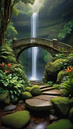 nature wallpaper,nature background,cartoon video game background,green waterfall,landscape background,beautiful wallpaper,rainbow bridge,fantasy landscape,full hd wallpaper,nature landscape,waterfall,fantasy picture,river landscape,japanese garden,beautiful landscape,japan garden,frog background,hd wallpaper,japan landscape,water fall,Illustration,Black and White,Black and White 06