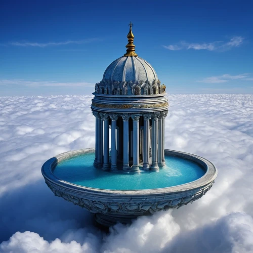 fountain of friendship of peoples,mikvah,cloud towers,beneficence,cloud computing,reflecting pool,saint isaac's cathedral,above the clouds,marble palace,floating island,cloud formation,bahai,cloudmont,baptistry,cloud image,infinity swimming pool,somtum,temple of christ the savior,cloudbase,monument protection,Illustration,Realistic Fantasy,Realistic Fantasy 45