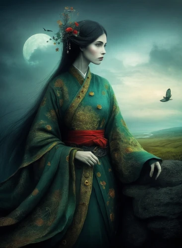 ugetsu,geisha girl,kunqu,hanfu,yi sun sin,oriental princess,geisha,oiran,japanese art,maiko,rongfeng,oriental painting,tengu,arhats,guanyin,daiyu,qimin,mythographer,fantasy portrait,sanxia,Illustration,Abstract Fantasy,Abstract Fantasy 01