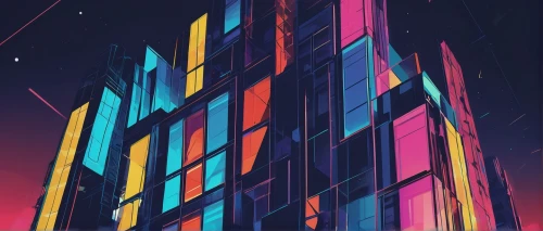 colorful city,skyscraper,cityscape,kaleidoscape,abstract retro,80's design,skyscrapers,the skyscraper,cubic,apartment block,windows,colorful facade,metropolis,neon arrows,glass building,hypermodern,cybercity,synth,cubes,prism,Art,Artistic Painting,Artistic Painting 43