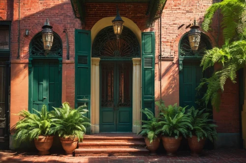 french quarters,brownstones,nola,tulane,palmettos,new orleans,neworleans,shutters,red brick,doorways,charleston,front door,peranakans,savannah,patios,old colonial house,brownstone,old brick building,courtyards,old town house,Illustration,Retro,Retro 03