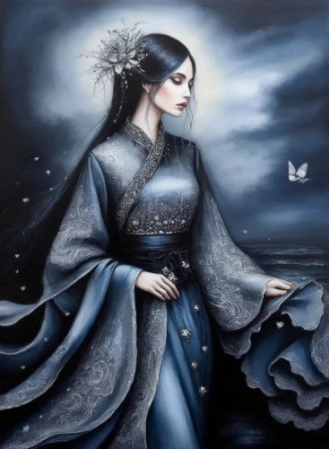 the snow queen,undine,the sea maid,amphitrite,blue enchantress,suit of the snow maiden,hanfu,queen of the night,ice queen,mourning swan,white rose snow queen,sirene,fathom,behenna,blue rose,moonflower,jasmine blue,oriental princess,mervat,kunqu,Illustration,Abstract Fantasy,Abstract Fantasy 14