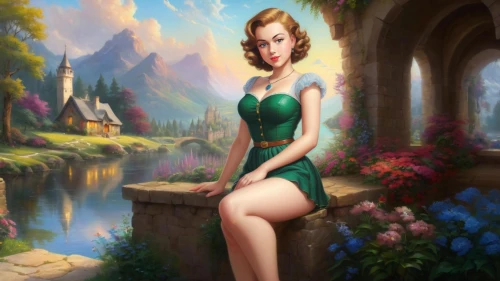 fantasy picture,pin-up girl,retro pin up girl,fantasy art,pin up girl,fantasy portrait,pin-up model,retro pin up girls,pin ups,pin-up girls,world digital painting,pin up,girl in the garden,background ivy,christmas pin up girl,magnolia,fantasy woman,maureen o'hara - female,dorthy,fairy tale character