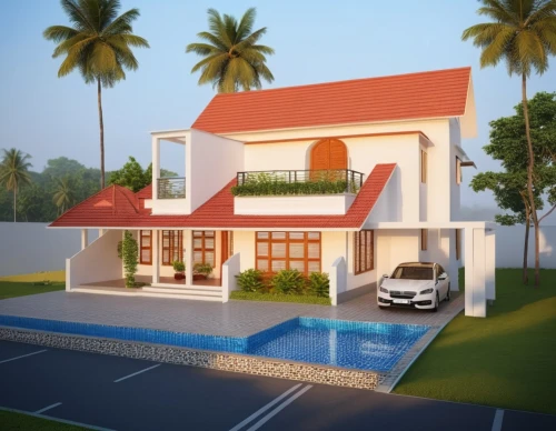 holiday villa,residential house,3d rendering,modern house,pool house,tropical house,private house,small house,bungalows,beautiful home,render,dreamhouse,villa,home landscape,large home,kerala,bungalow,family home,valluvanad,home house,Photography,General,Realistic