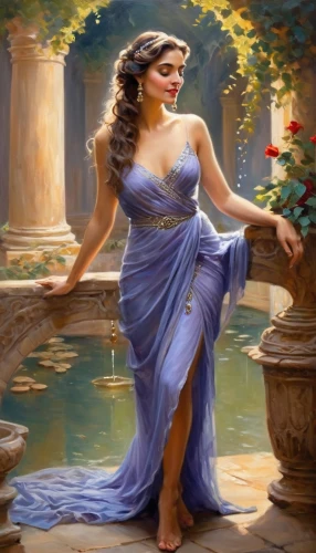 godward,amphitrite,medea,woman at the well,water nymph,ariadne,girl in a long dress,megara,romantic portrait,celtic woman,radha,oil painting on canvas,sheherazade,maenad,oil painting,nereids,mervat,ninfa,inanna,sarees,Conceptual Art,Oil color,Oil Color 22