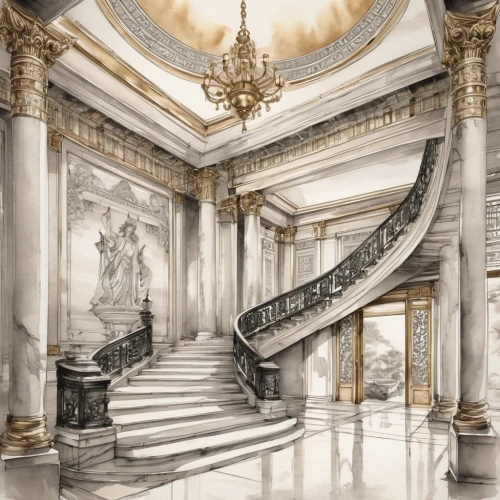 marble palace,staircase,circular staircase,cochere,winding staircase,neoclassical,gringotts,outside staircase,staircases,neoclassic,entrance hall,neoclassicism,baccarat,ornate room,palatial,opulence,stairway,spiral staircase,foyer,neoclassicist,Illustration,Paper based,Paper Based 30