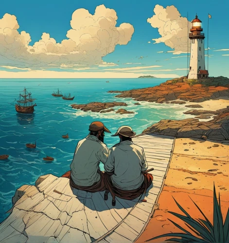 studio ghibli,seaside,lighthouse,ghibli,sailors,by the sea,lighthouses,seafront,fishermen,seaside view,seaside country,sea scouts,rendezvous,cuba background,escapism,harbor,travelers,exploration of the sea,idyllic,ocean view,Illustration,Realistic Fantasy,Realistic Fantasy 12