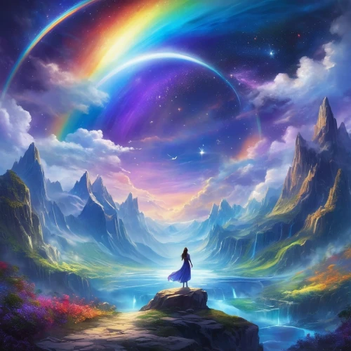 fantasy picture,fantasy landscape,dreamscape,fantasy art,rainbow background,the mystical path,astral traveler,rainbow and stars,dreamscapes,unicorn background,bifrost,mystical,wonderlands,dream world,lucidity,rainbow clouds,moonbow,realms,rainbow bridge,fairy world,Illustration,Realistic Fantasy,Realistic Fantasy 01