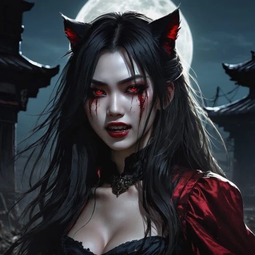 vampire woman,vampire lady,demoness,morgana,vampyre,bedevil,vampire,vampyres,bingqian,yuexiu,vampiric,kitsune,devil,vampy,red riding hood,halloween black cat,vampirism,red eyes,vampiro,ravenloft,Conceptual Art,Fantasy,Fantasy 11