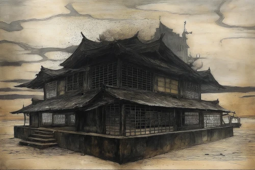 ancient house,wooden house,asian architecture,japanese art,traditional house,oriental painting,ukiyoe,wooden houses,lonely house,teahouse,cool woodblock images,winter house,nakashima,dojo,chanoyu,sungkyunkwan,teahouses,the golden pavilion,ryokan,ugetsu,Illustration,Abstract Fantasy,Abstract Fantasy 18