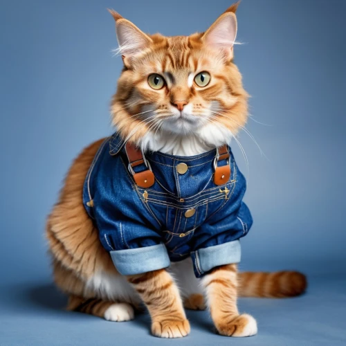 orange tabby cat,red tabby,orange tabby,garrison,coveralls,ginger cat,supercat,vintage cat,jean jacket,cat image,puss in boots,kitterman,jeanswear,denim background,cute cat,cartoon cat,jeanjean,coverall,workwear,animals play dress-up